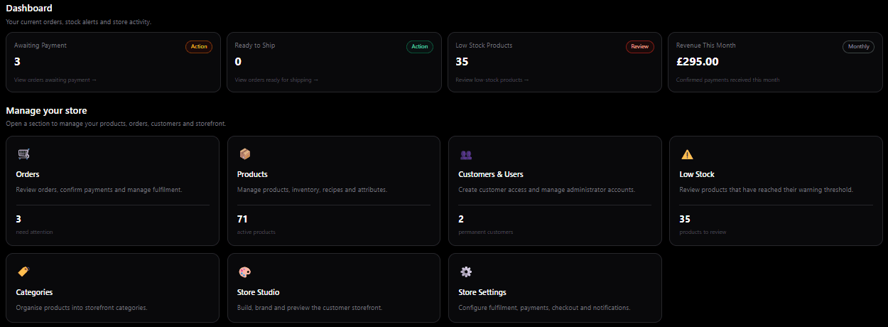StockPortal Admin Hub showing orders, products, customers, inventory and Store Studio