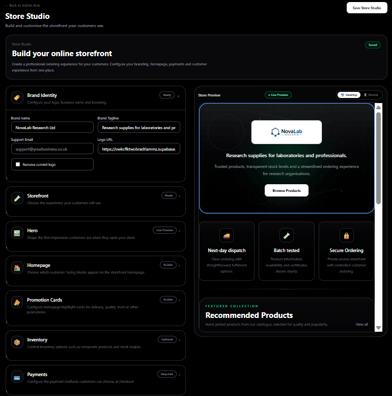 StockPortal Store Studio showing storefront branding controls and a live customer preview